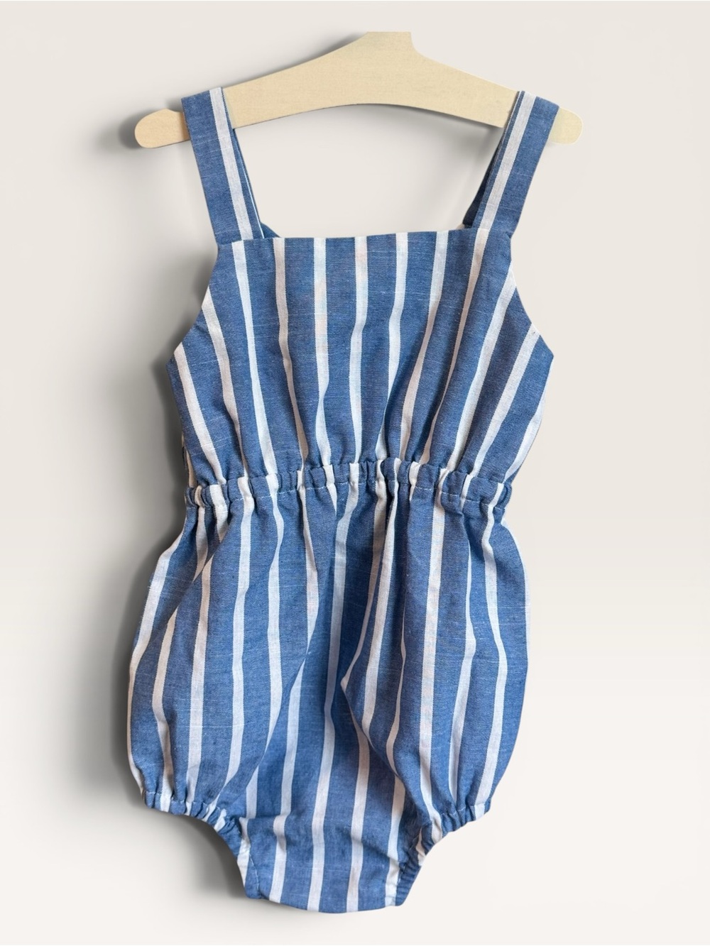 NWOT SHEIN Baby Girl Blue White Stripe Linen Bow Bubble Romper 9-12M